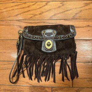 Coach Vintage Wristlet Brown Suede with Fringe and Striped Lining
